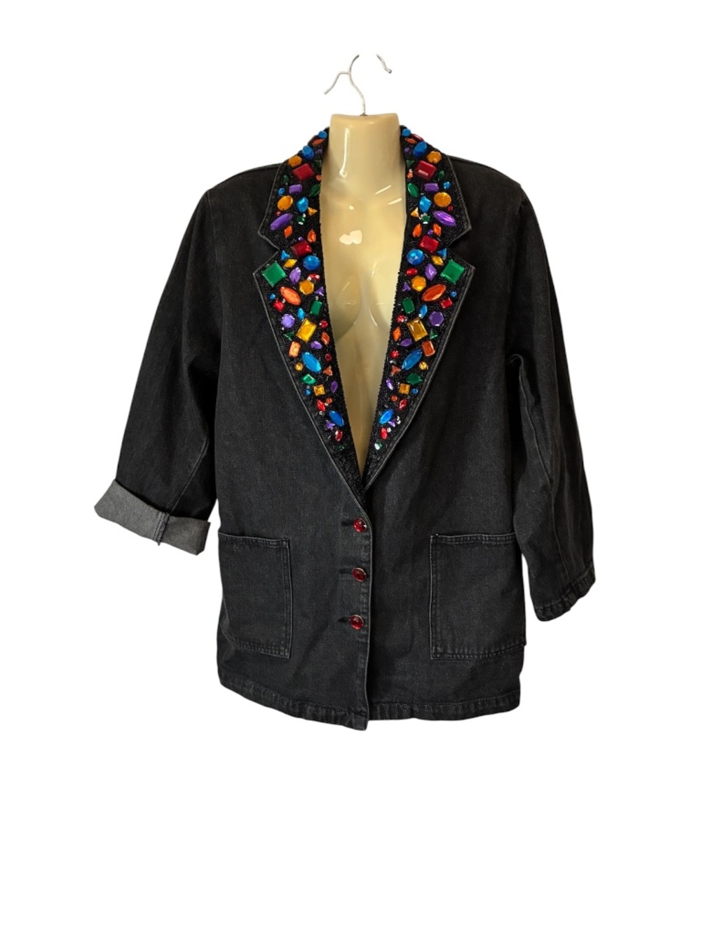 I. B. Diffusion Denim Blazer Jacket  Bejeweled Vintage 90’s Retro Size 12 Black